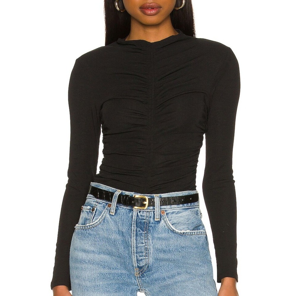 Elodie | NWOT Ruched Long Sleeve Lined Bodysuit in Black